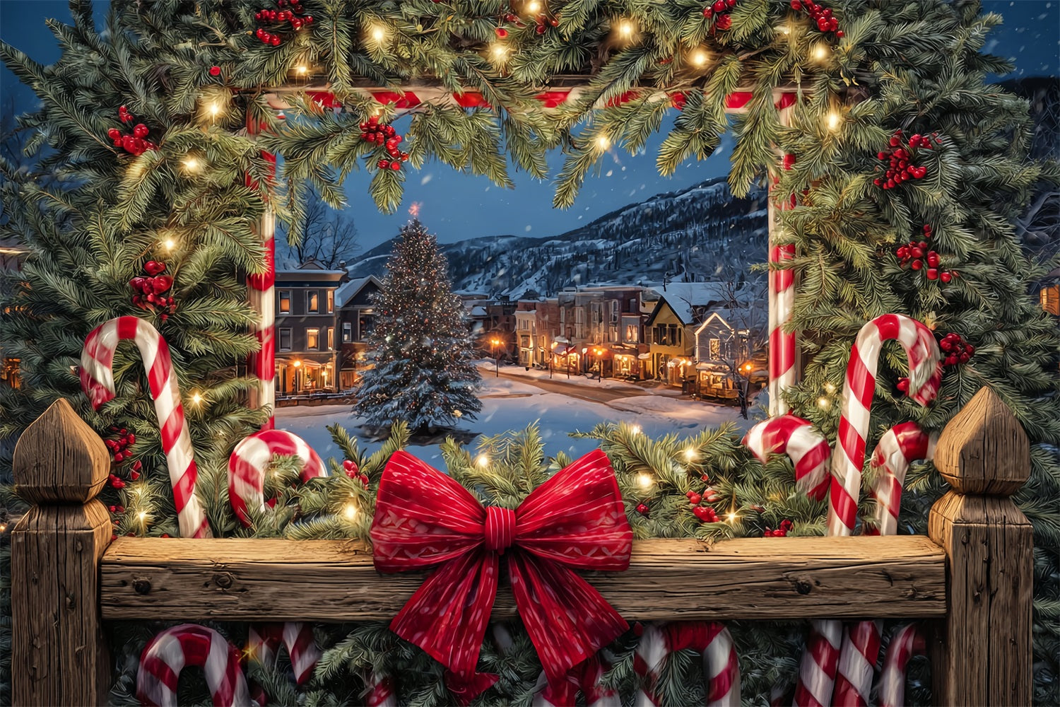 Christmas Bow Backdrop Cozy Town Holiday Window Christmas Photo Backdrops UK TWW510-75