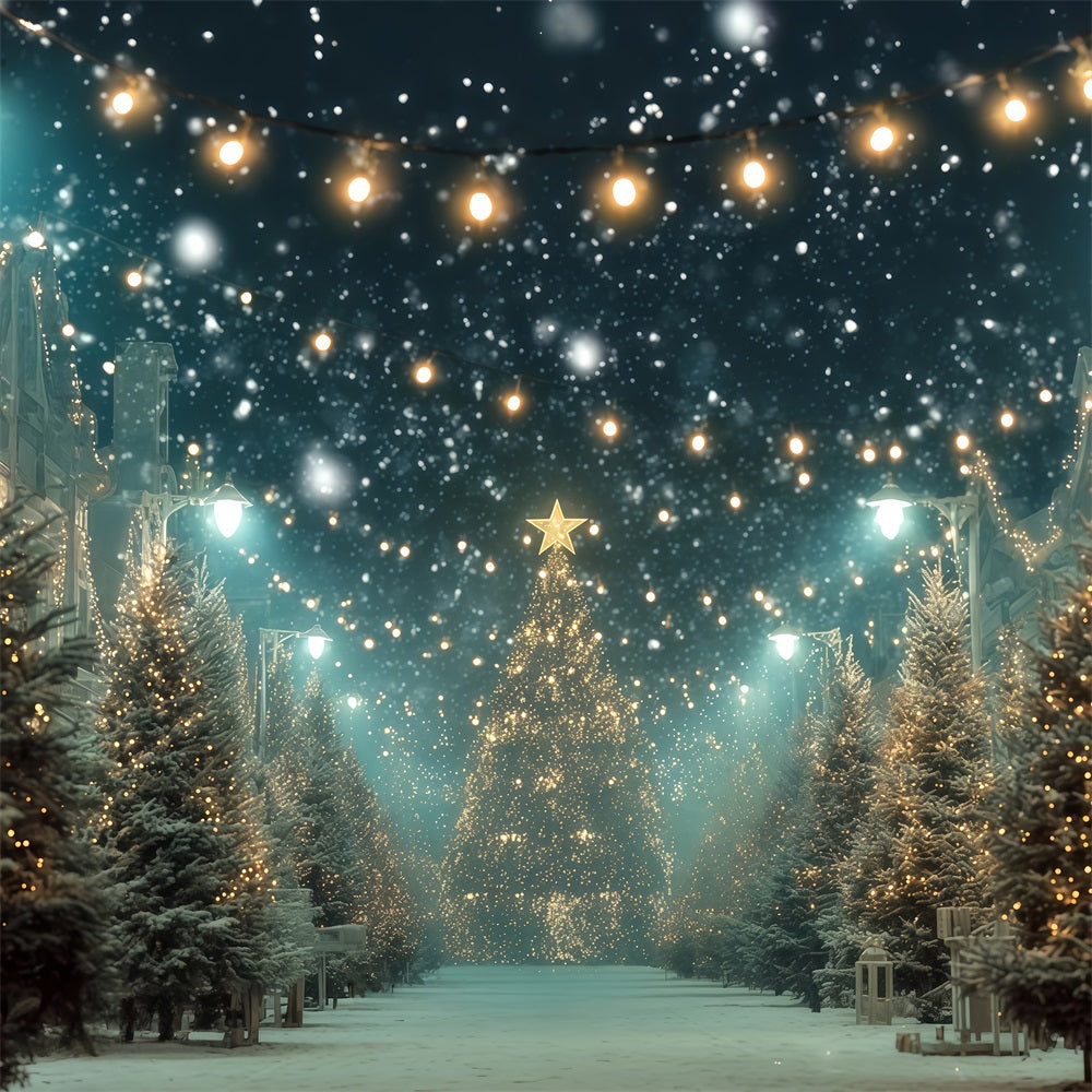 Christmas Tree Backdrop Snowy Street Golden Lights Christmas Photo Backdrop UK TWW510-82