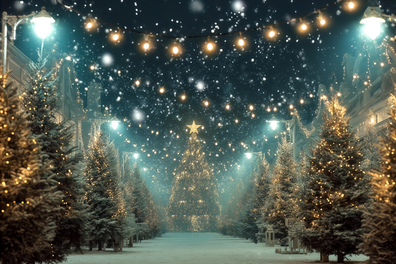 Christmas Tree Backdrop Snowy Street Golden Lights Christmas Photo Backdrop UK TWW510-82
