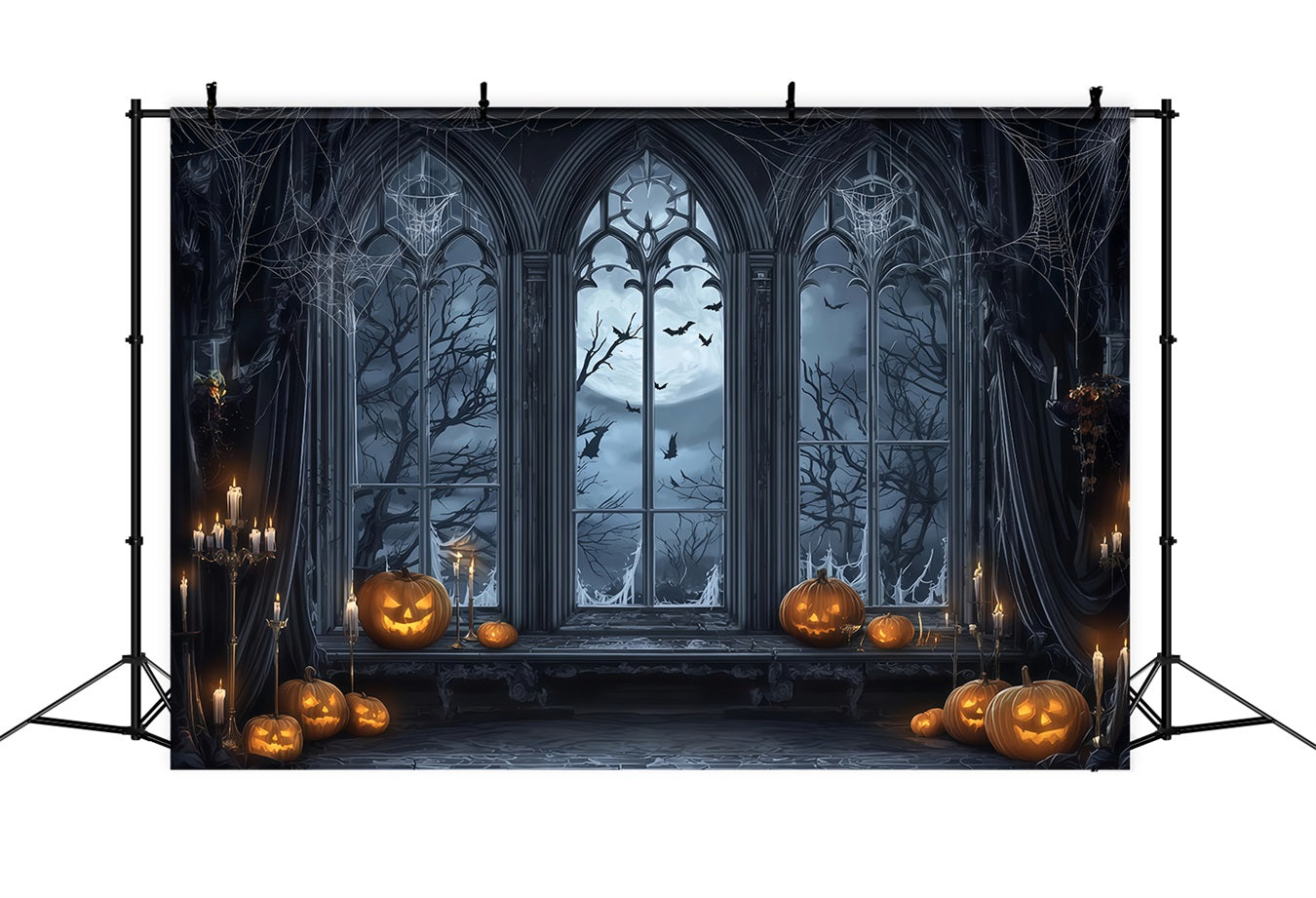 Halloween Bat Backdrop Gothic Window Moonlight Pumpkins Halloween Photography Backdrop UK TWW510-9