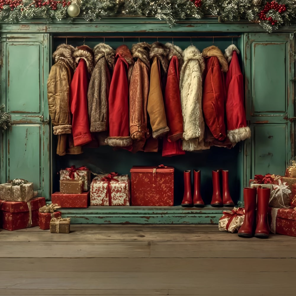 Santa Workshop Backdrop Cozy Coats Holiday Wardrobe Christmas Photo Backdrop UK TWW510-90