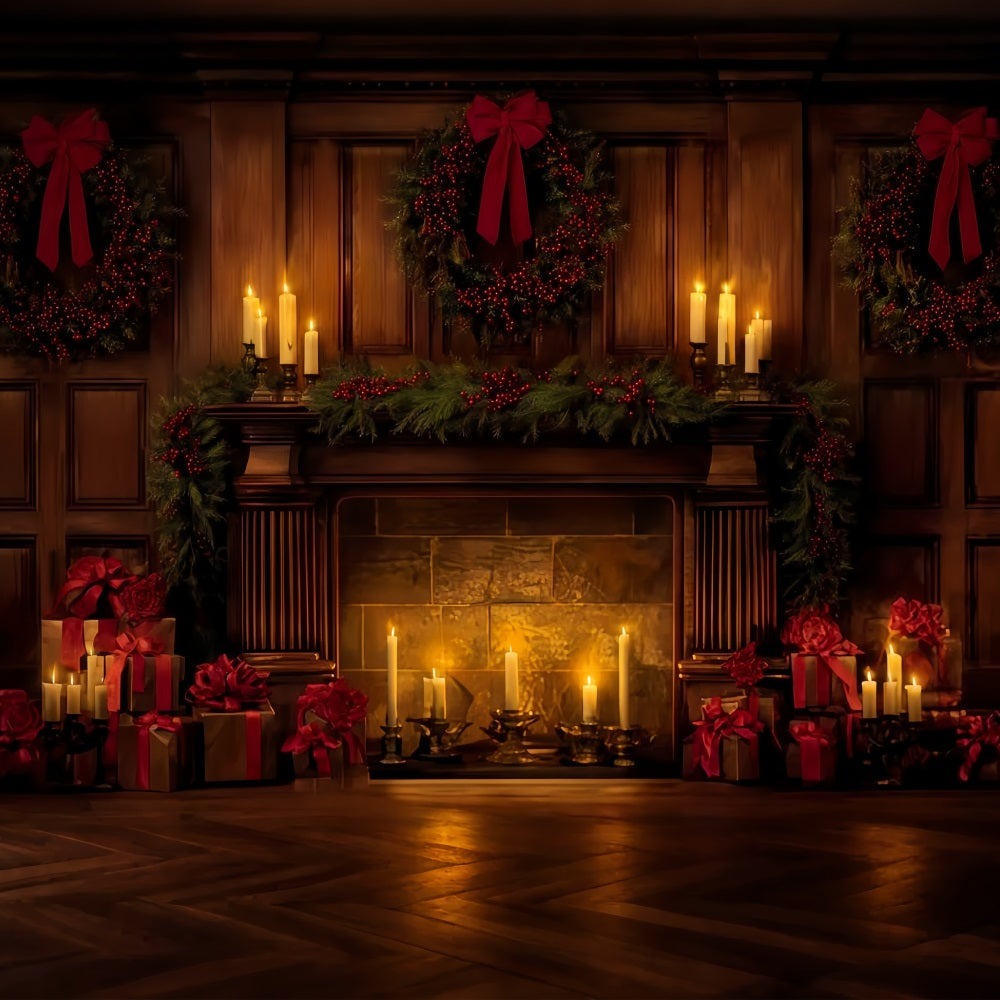 Christmas Bow Backdrop Elegant Candlelit Holiday Hearth Christmas Backdrop UK TWW510-96