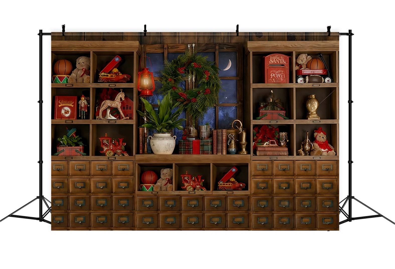 Santa's Toy Shop Backdro Toy Shelf Moonlit Window Christmas Photo Backdrop UK TWW510-98