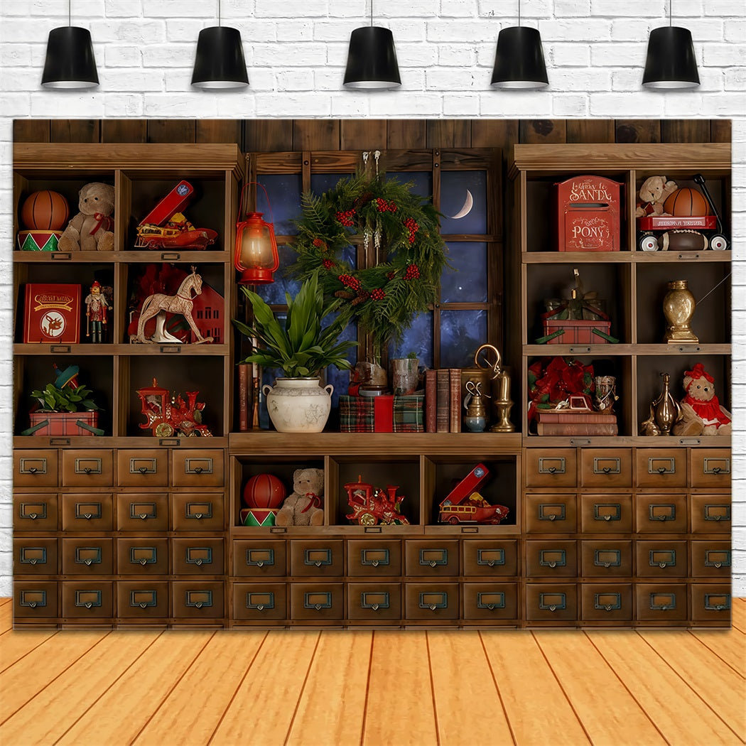 Santa's Toy Shop Backdro Toy Shelf Moonlit Window Christmas Photo Backdrop UK TWW510-98