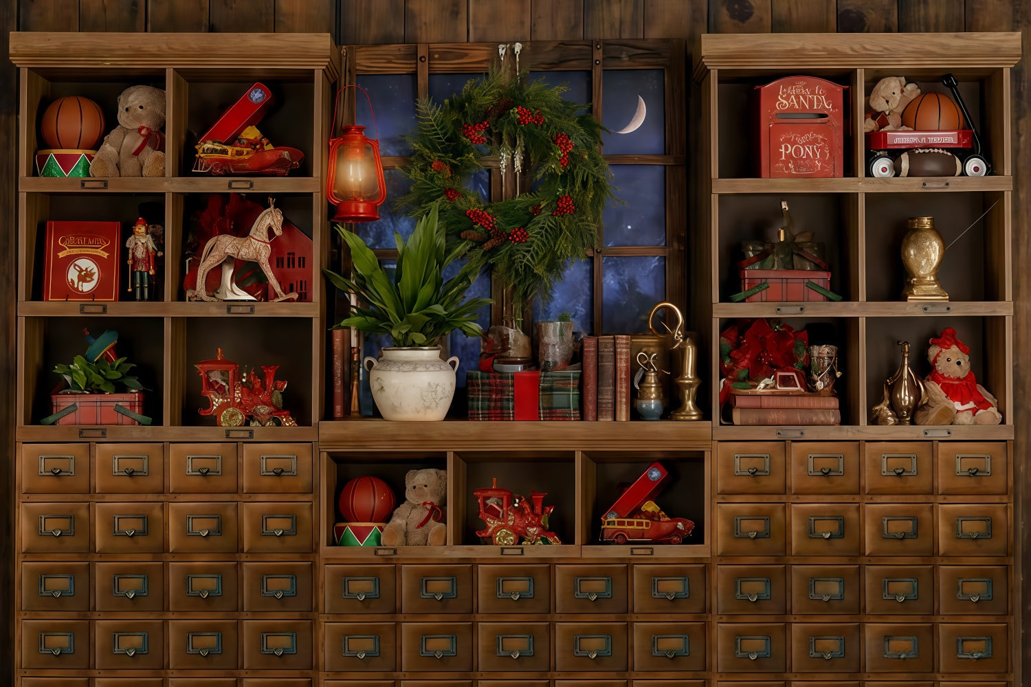 Santa's Toy Shop Backdro Toy Shelf Moonlit Window Christmas Photo Backdrop UK TWW510-98