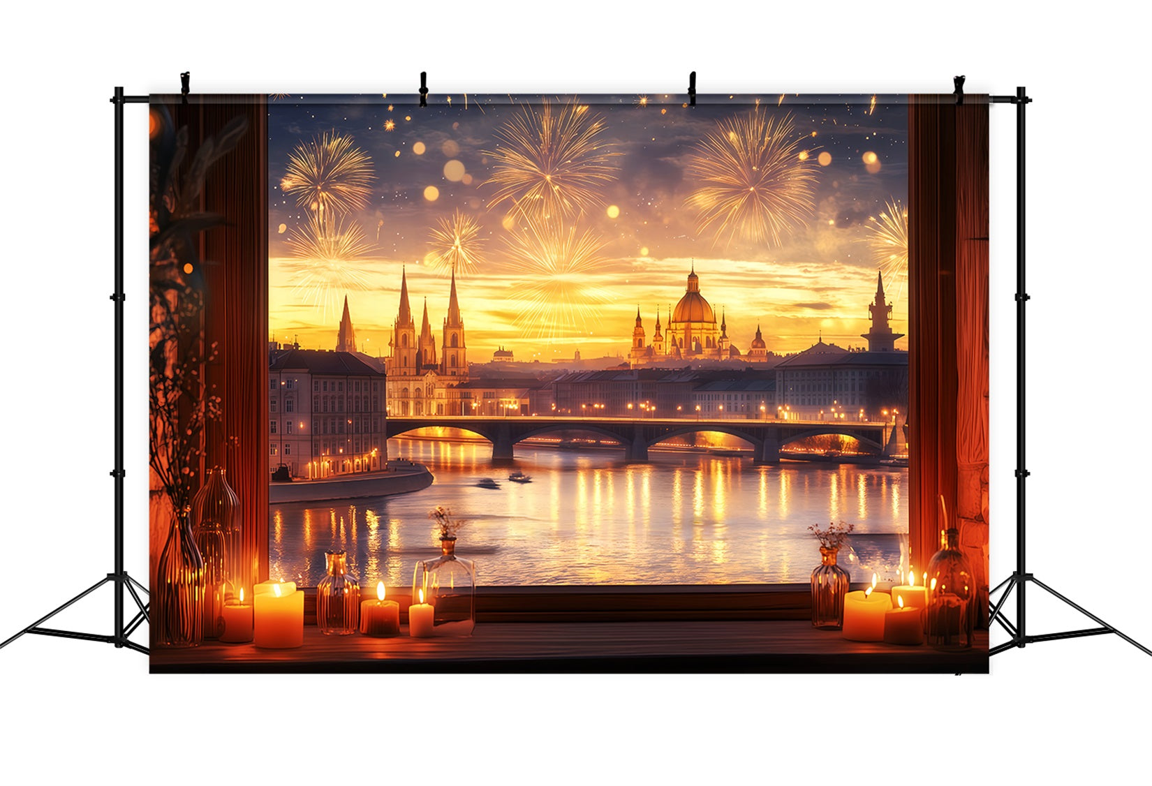 New Year's Backdrop Golden Sunset Cityscape Fireworks Photo Backdrop UK TWW512-10