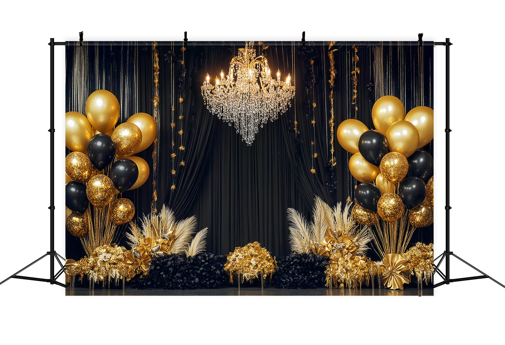 New Year Backdrop Ideas Luxury Chandelier Balloon Black And Gold Backdrop UK TWW512-28