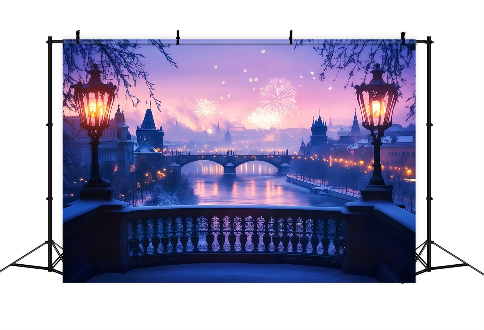 New Year Photo Backdrop Frosted River Fireworks Glow City Night Backdrop UK TWW512-29