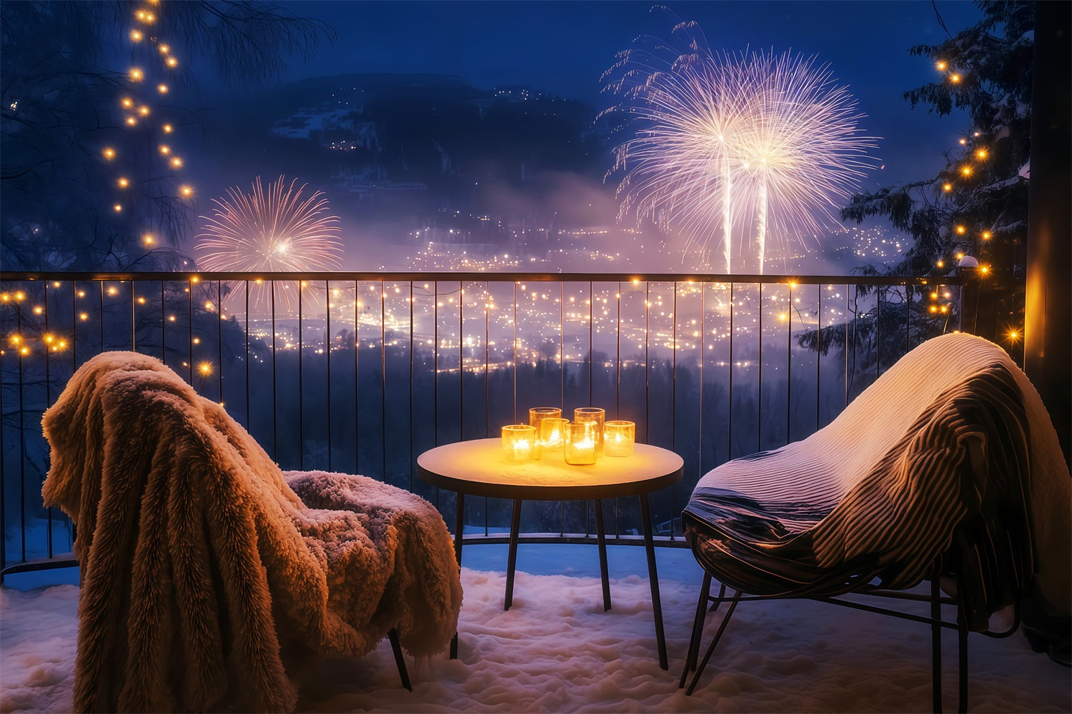 Happy New Year Backdrop Cozy Balcony Night Cityscape Fireworks Backdrop UK TWW512-32