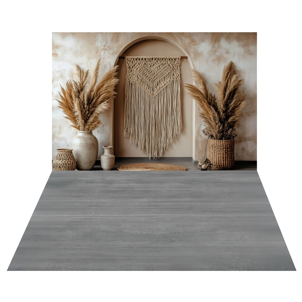 Macrame Arch Wall Backdrop+Gray Wood Floor Backdrop UK TWW57-107