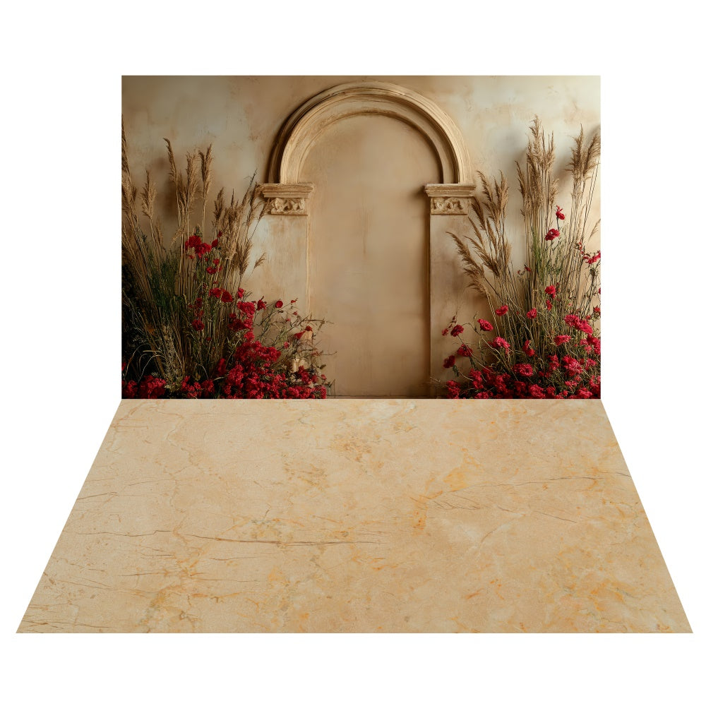 Boho Rustic Archway Backdrop+Warm Marble Floor Backdrop UK TWW57-109