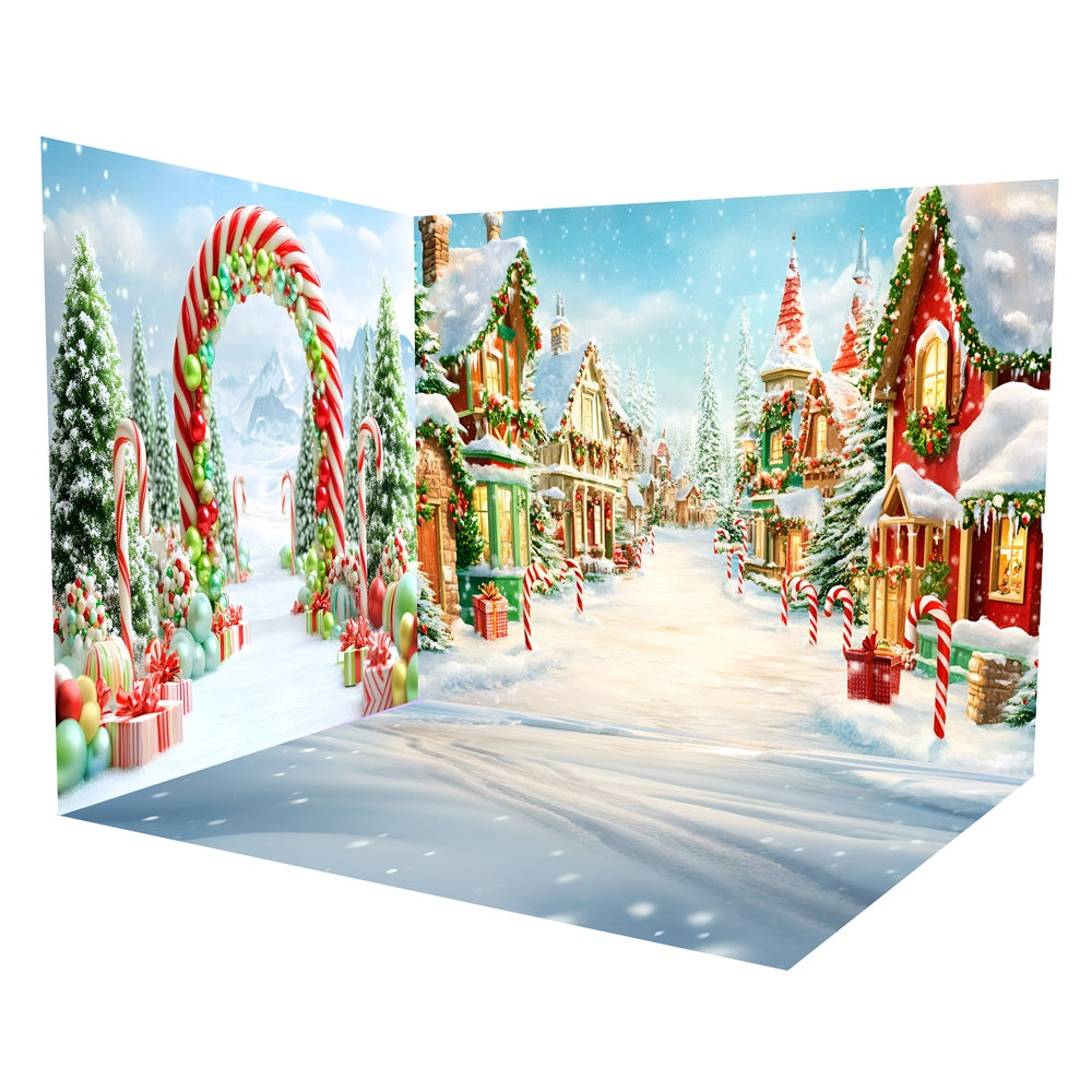 Christmas Village Backdrop Candy Cane Village Backdrop Room Set UK TWW57-44
