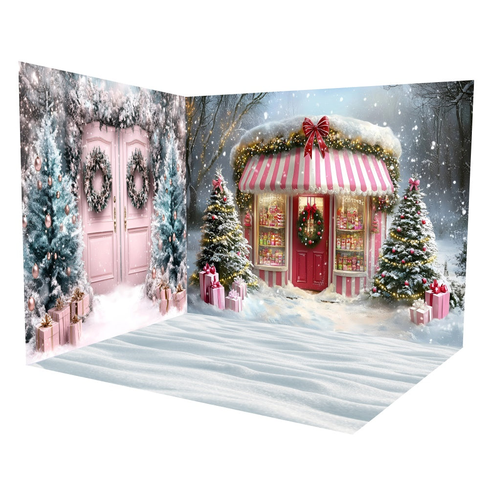 Christmas Photo Backdrop Pink Candy Cottage Backdrop Room Set UK TWW57-46