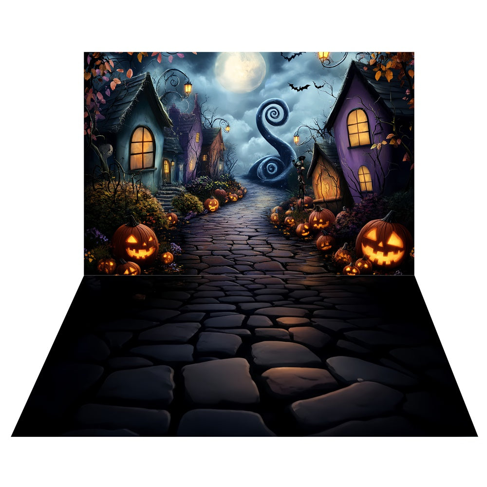 Ghostly Pumpkin Village Backdrop+Twilight Road Floor Backdrop UK TWW57-60