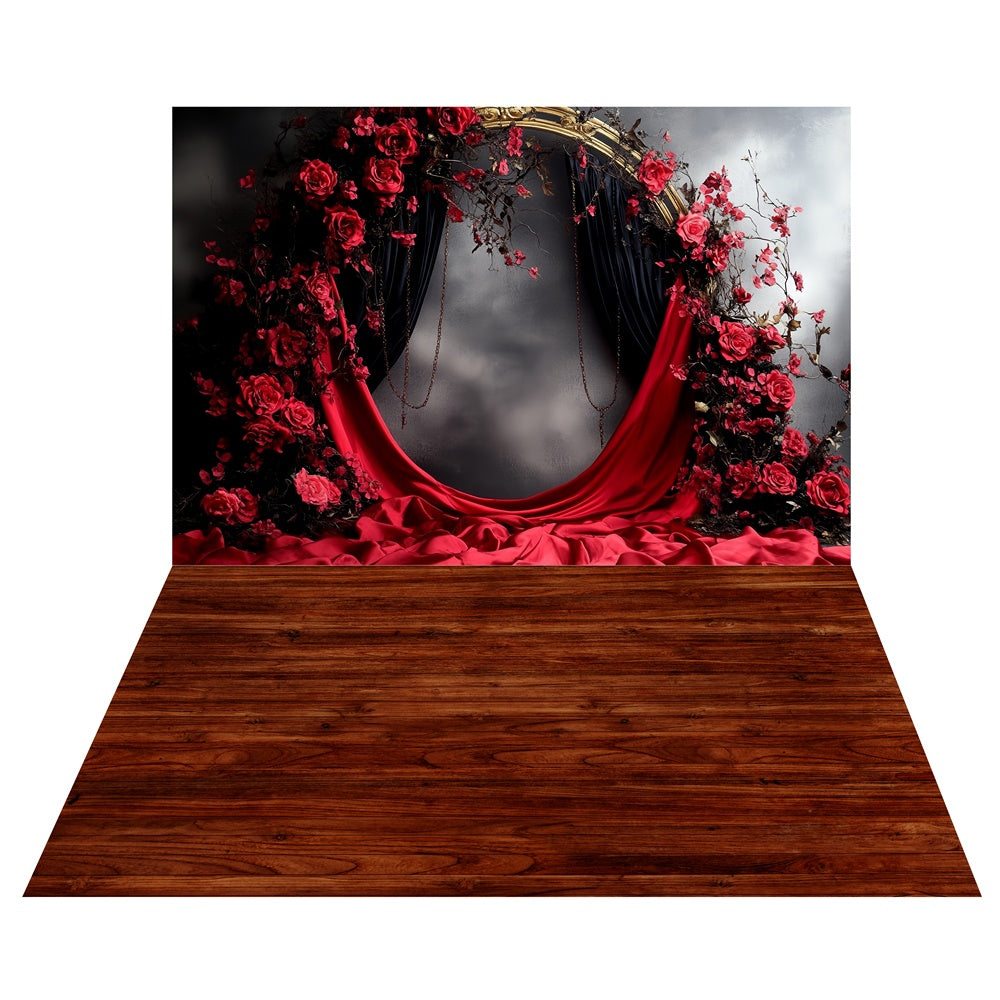 Baroque Crimson Bloom Backdrop+Chestnut Wood Floor Backdrop UK TWW57-66