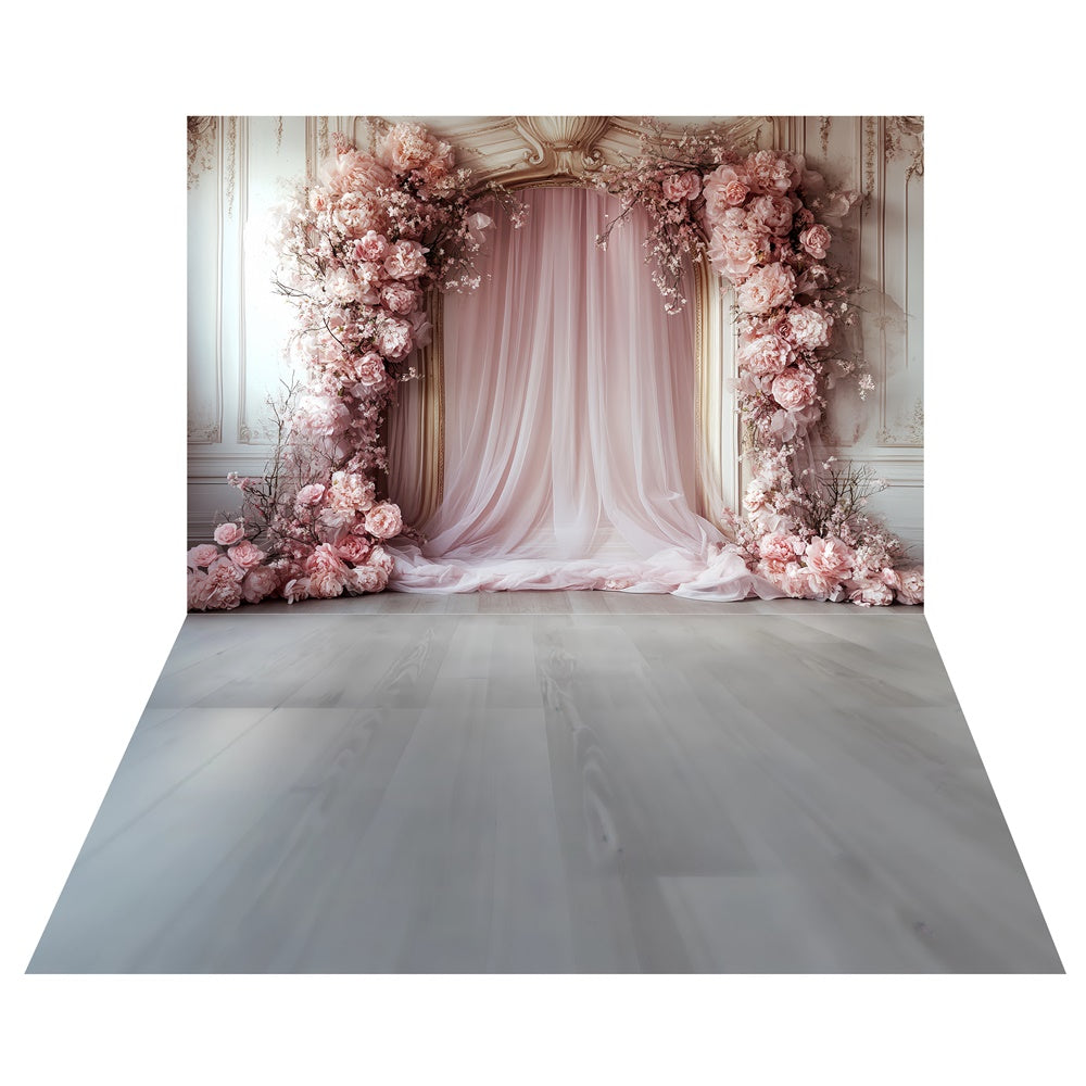 Pink Petal Curtain Romance Backdrop+Gray Wood Floor Backdrop UK TWW57-74