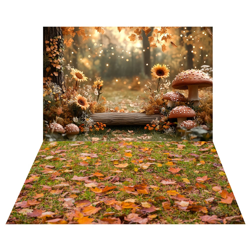 Magical Mushroom Grove Backdrop+Golden Leaf Floor Backdrop UK TWW57-81