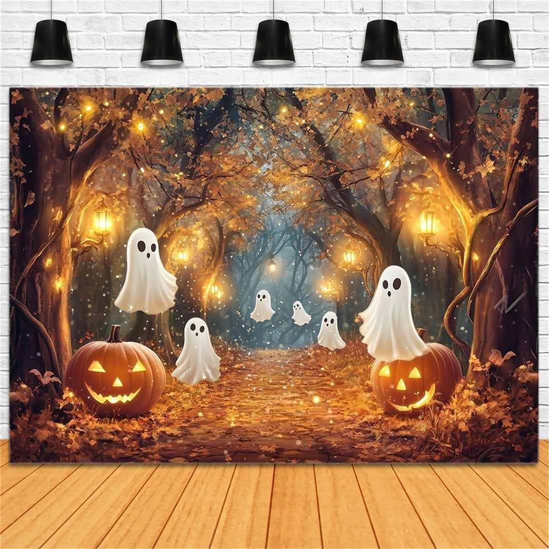 Halloween Graveyard Backdrop Glowing Ghosts in Enchanted Autumn Woods Halloween Backdrops UK TWW58-10