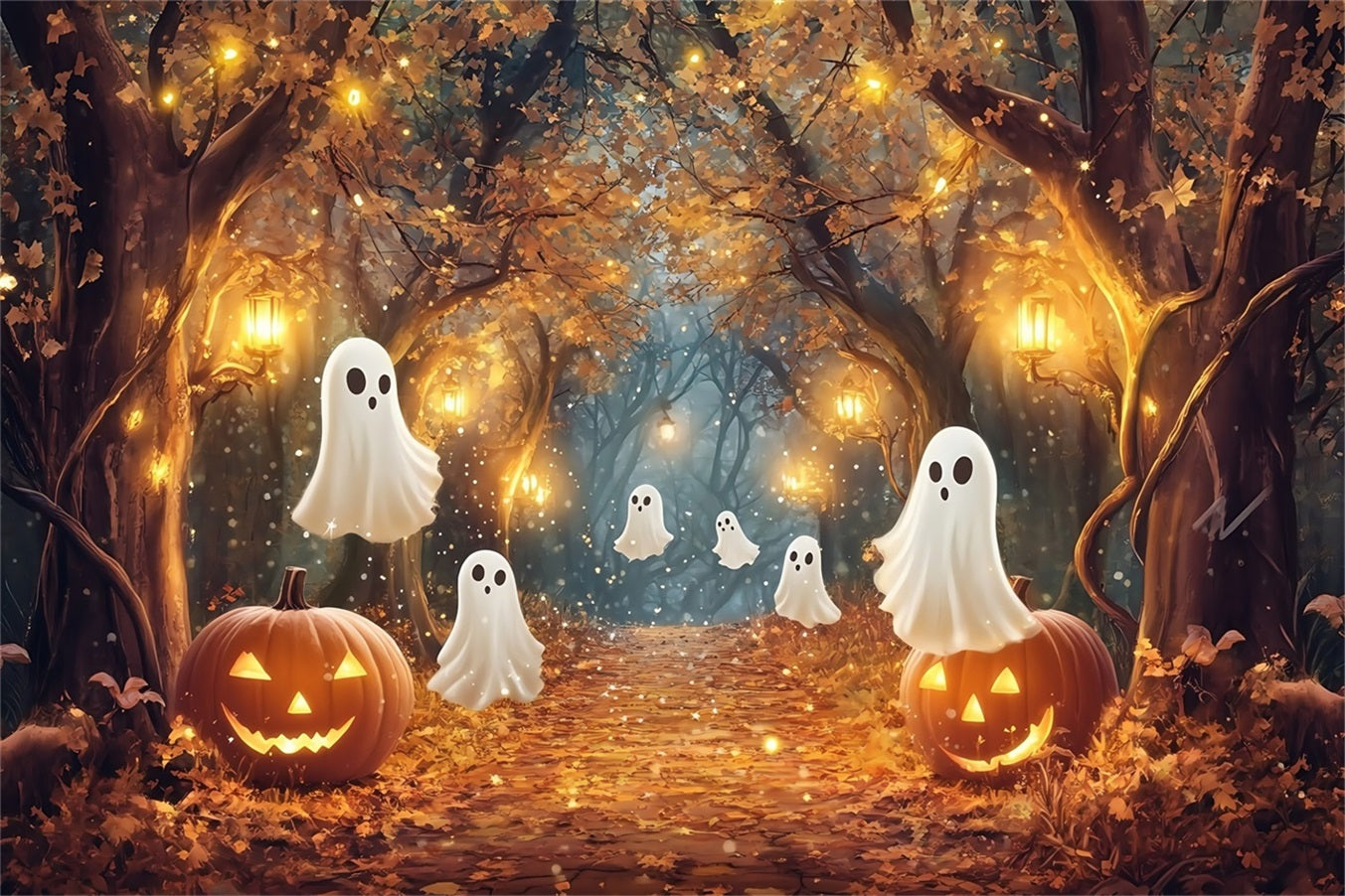 Halloween Graveyard Backdrop Glowing Ghosts in Enchanted Autumn Woods Halloween Backdrops UK TWW58-10