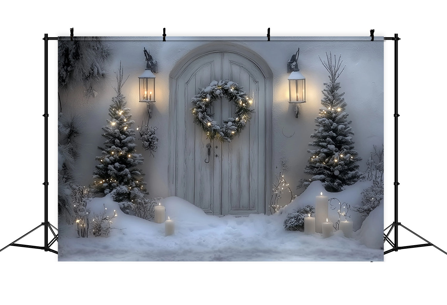 White Christmas Backdrop Snowy White Door Lantern Wreath Professional Christmas Backdrops UK TWW58-102