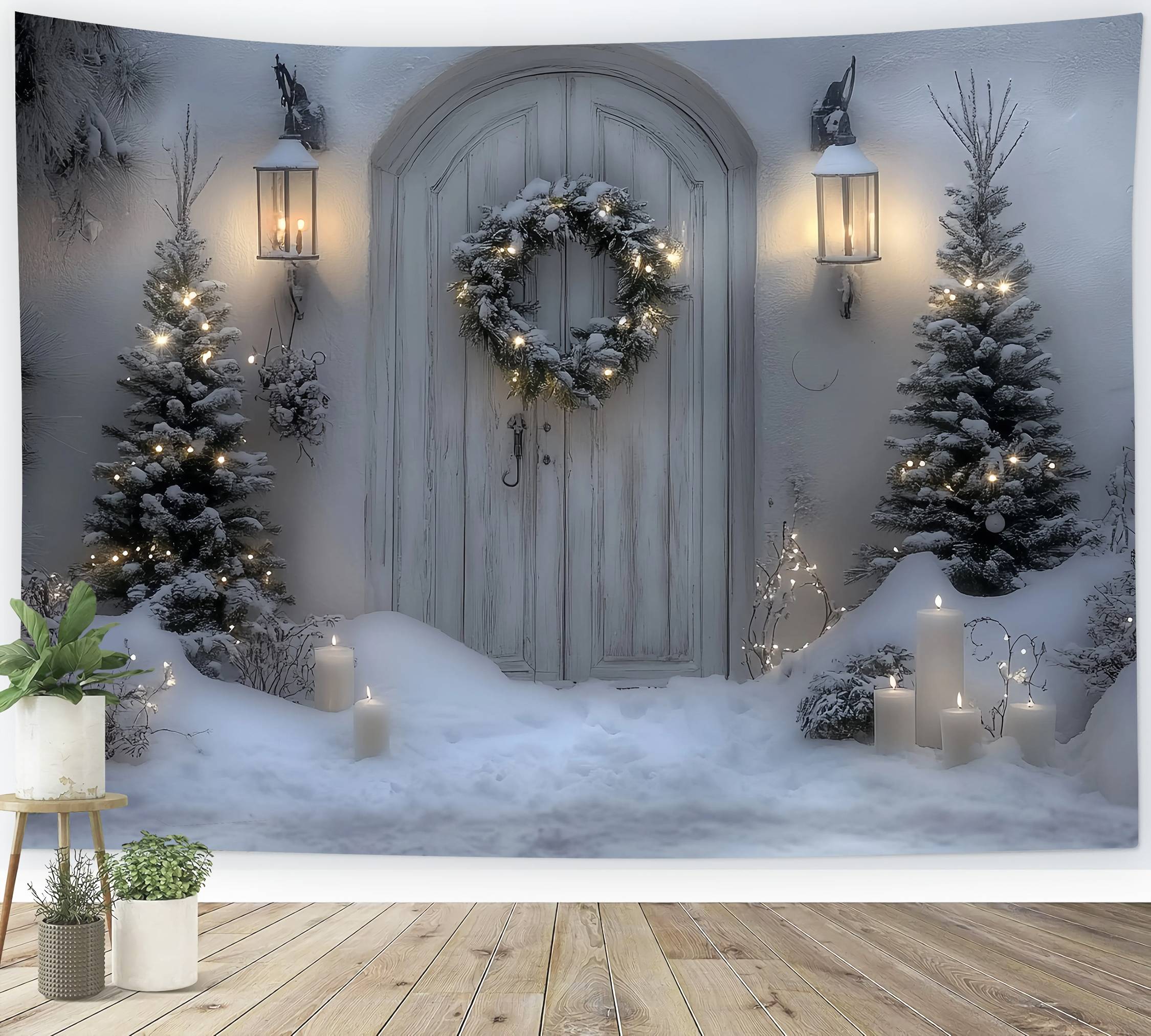 White Christmas Backdrop Snowy White Door Lantern Wreath Professional Christmas Backdrops UK TWW58-102