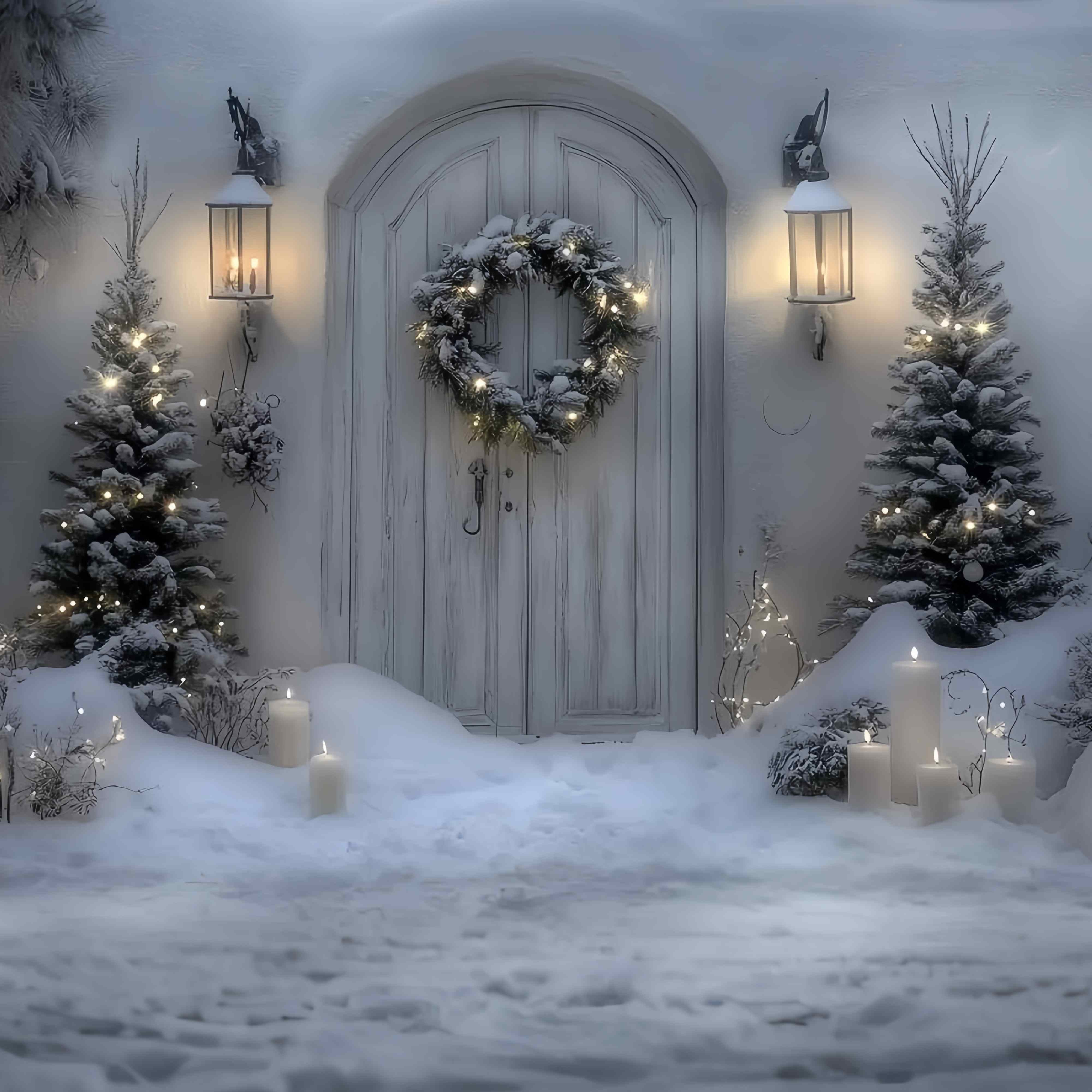 White Christmas Backdrop Snowy White Door Lantern Wreath Professional Christmas Backdrops UK TWW58-102