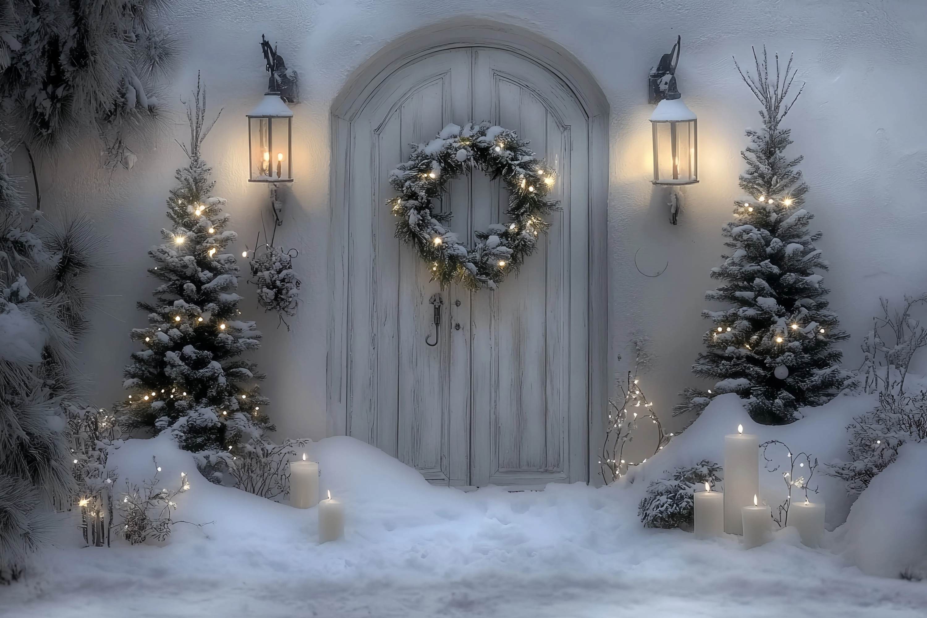White Christmas Backdrop Snowy White Door Lantern Wreath Professional Christmas Backdrops UK TWW58-102