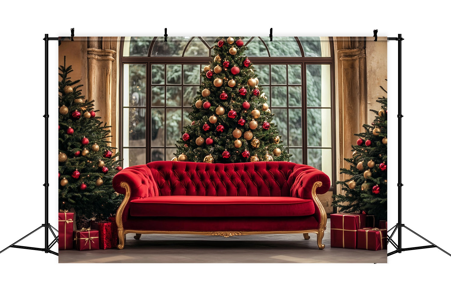 Christmas Tree Backdrop Red Gold Sofa Christmas Trees Professional Christmas Backdrops UK TWW58-104