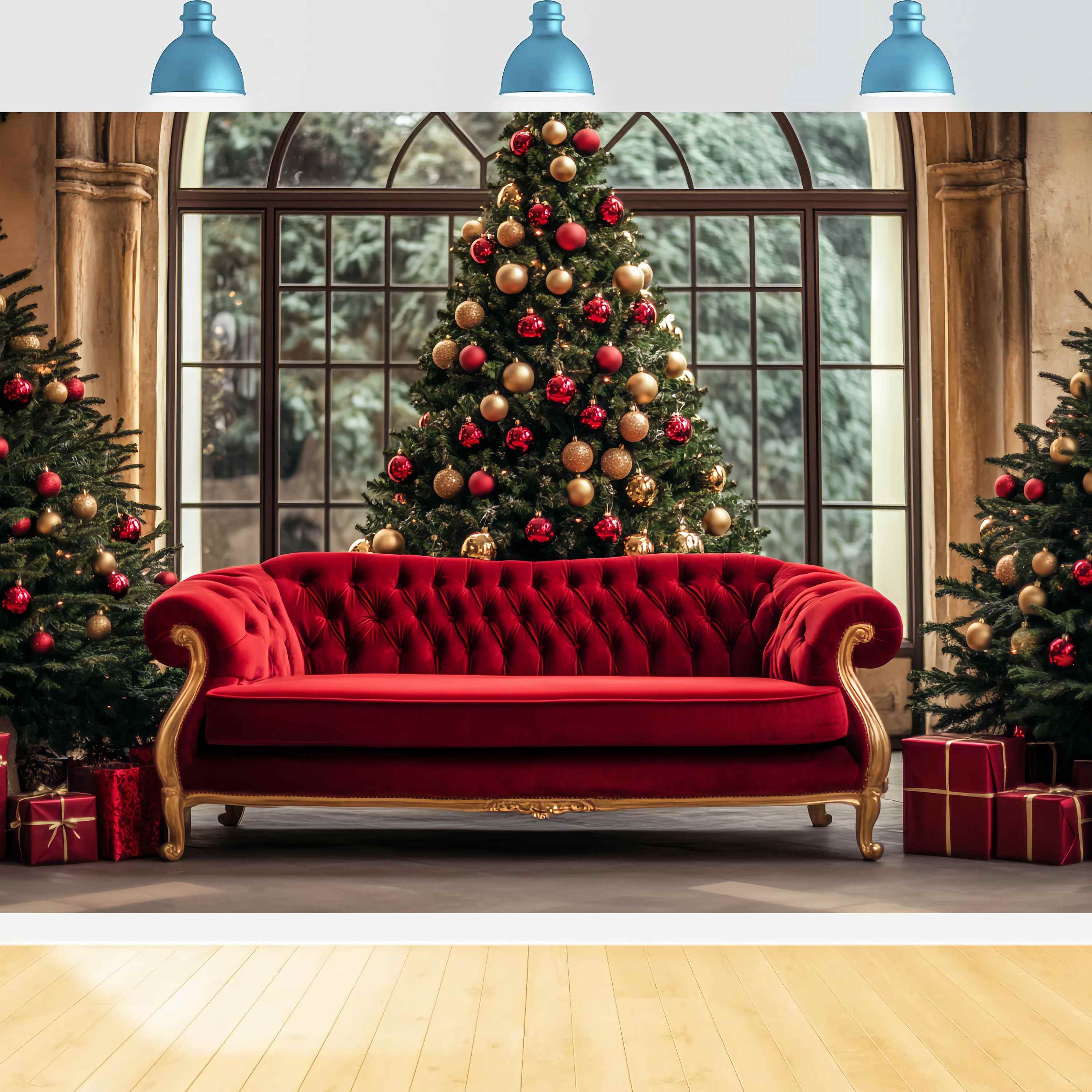 Christmas Tree Backdrop Red Gold Sofa Christmas Trees Professional Christmas Backdrops UK TWW58-104