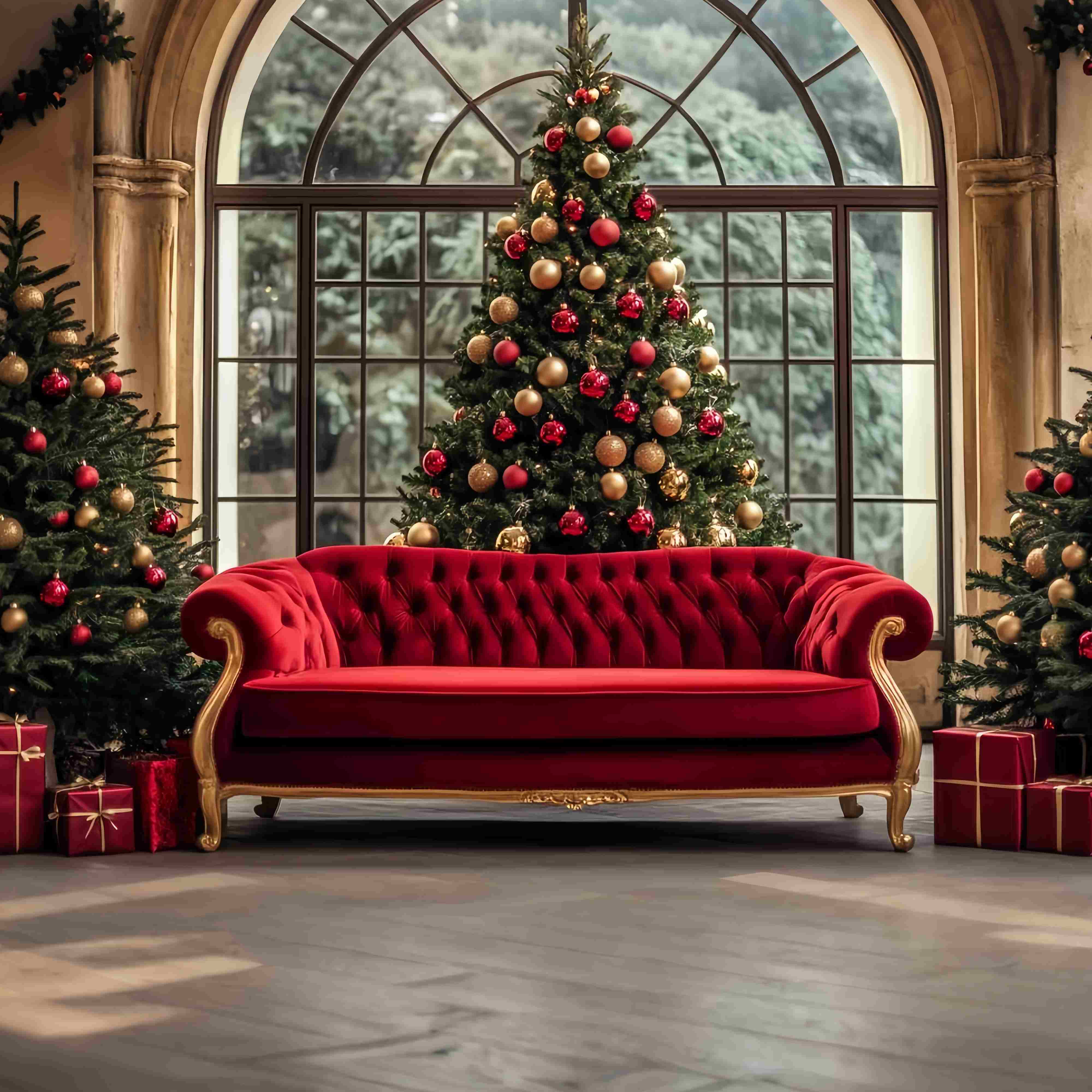 Christmas Tree Backdrop Red Gold Sofa Christmas Trees Professional Christmas Backdrops UK TWW58-104