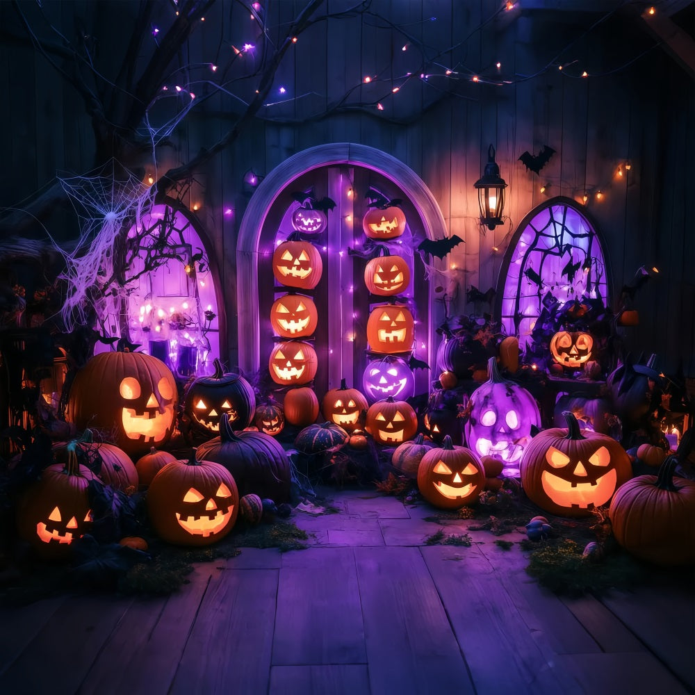 Halloween Wall Backdrop Glowing Jack-O’-Lantern Porch with Purple Lights Halloween Photo Backdrop UK TWW58-13