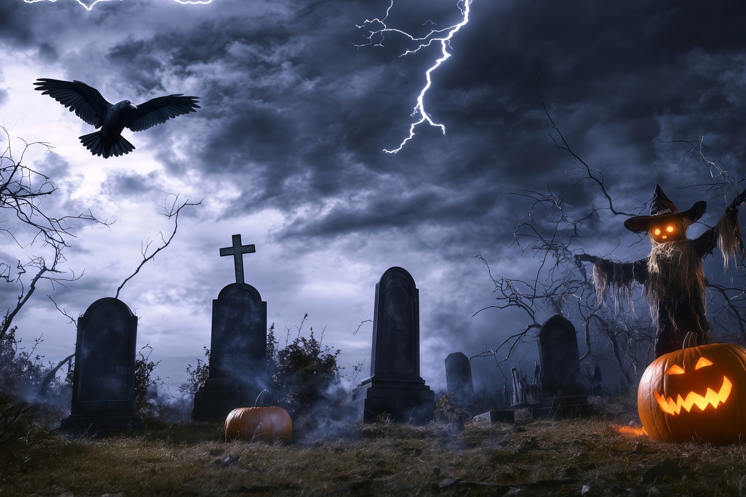 Halloween Graveyard Backdrop Stormy Graveyard with Scarecrow and Lightning Halloween Photo Backdrop UK TWW58-14