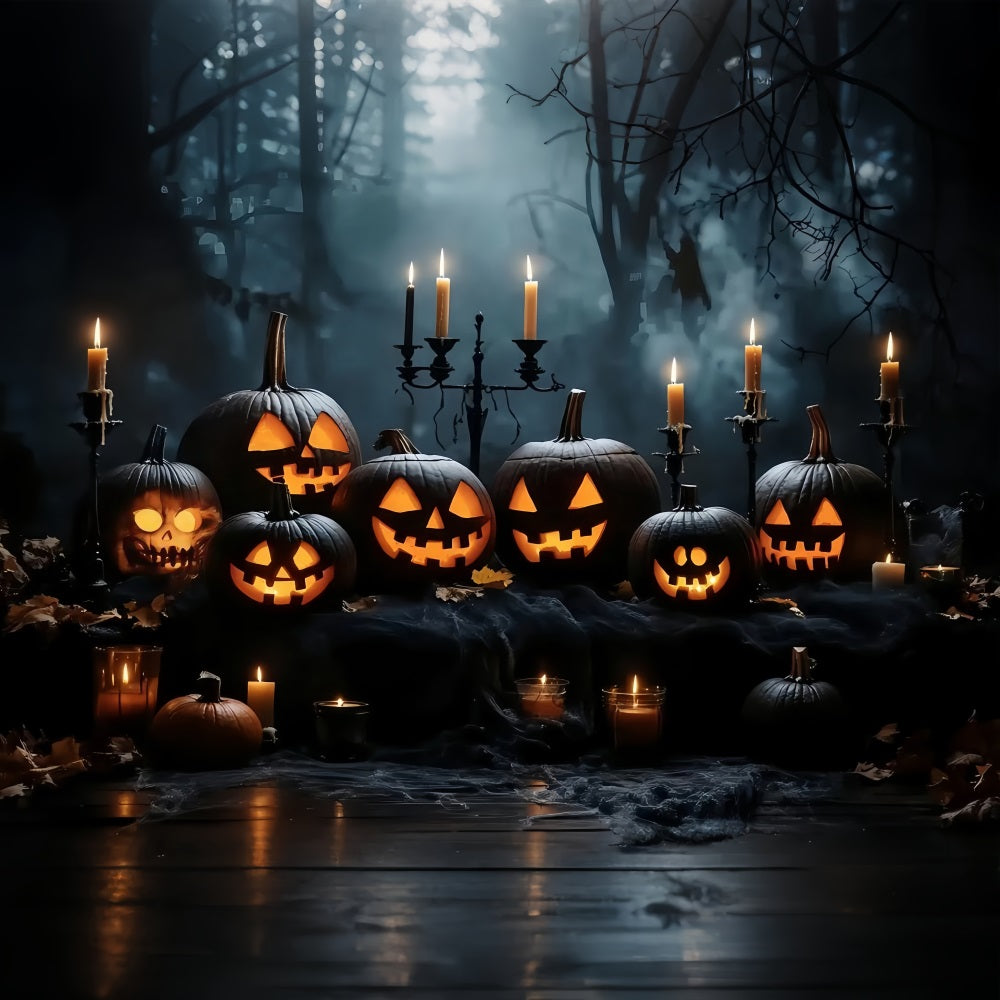 Halloween Candlelit Jack-O’-Lantern Display in Dark Woods Halloween Backdrop for Photos UK TWW58-16