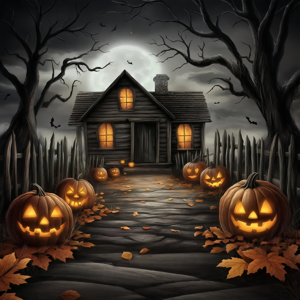Halloween Haunted House Pathway with Carved Pumpkins Halloween Backdrop for Photos UK TWW58-20
