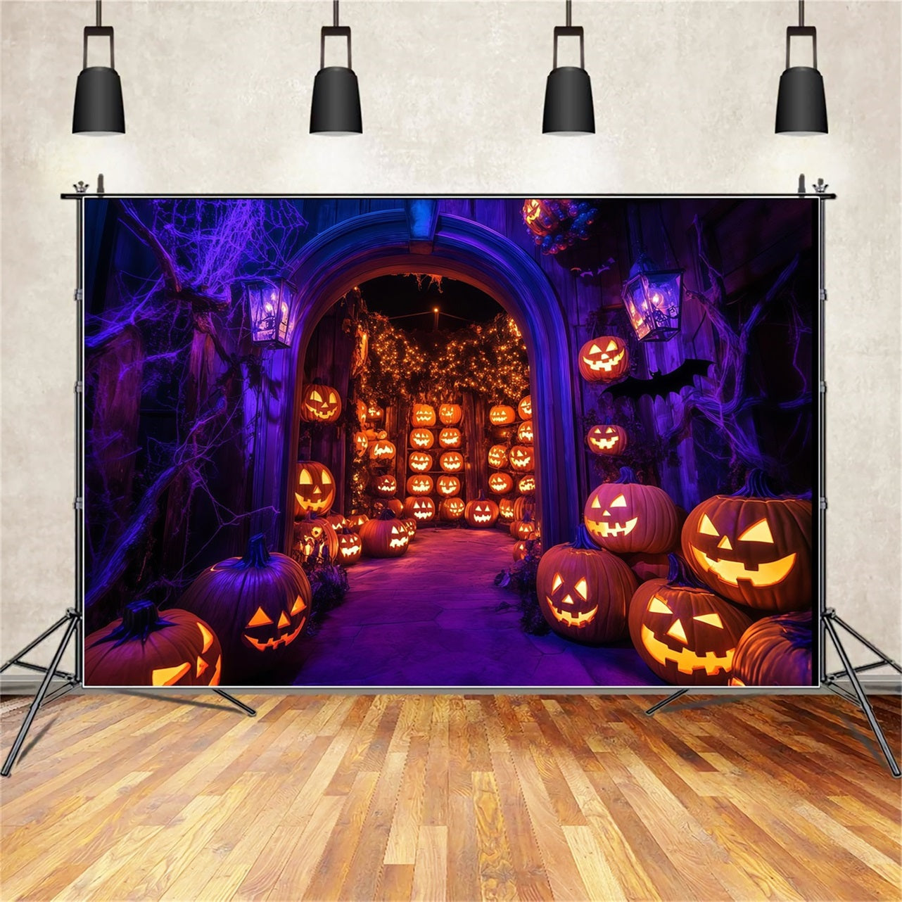 Halloween Wall Backdrop Glowing Jack-O’-Lantern Archway with Spider Webs Halloween Backdrop Ideas UK TWW58-21