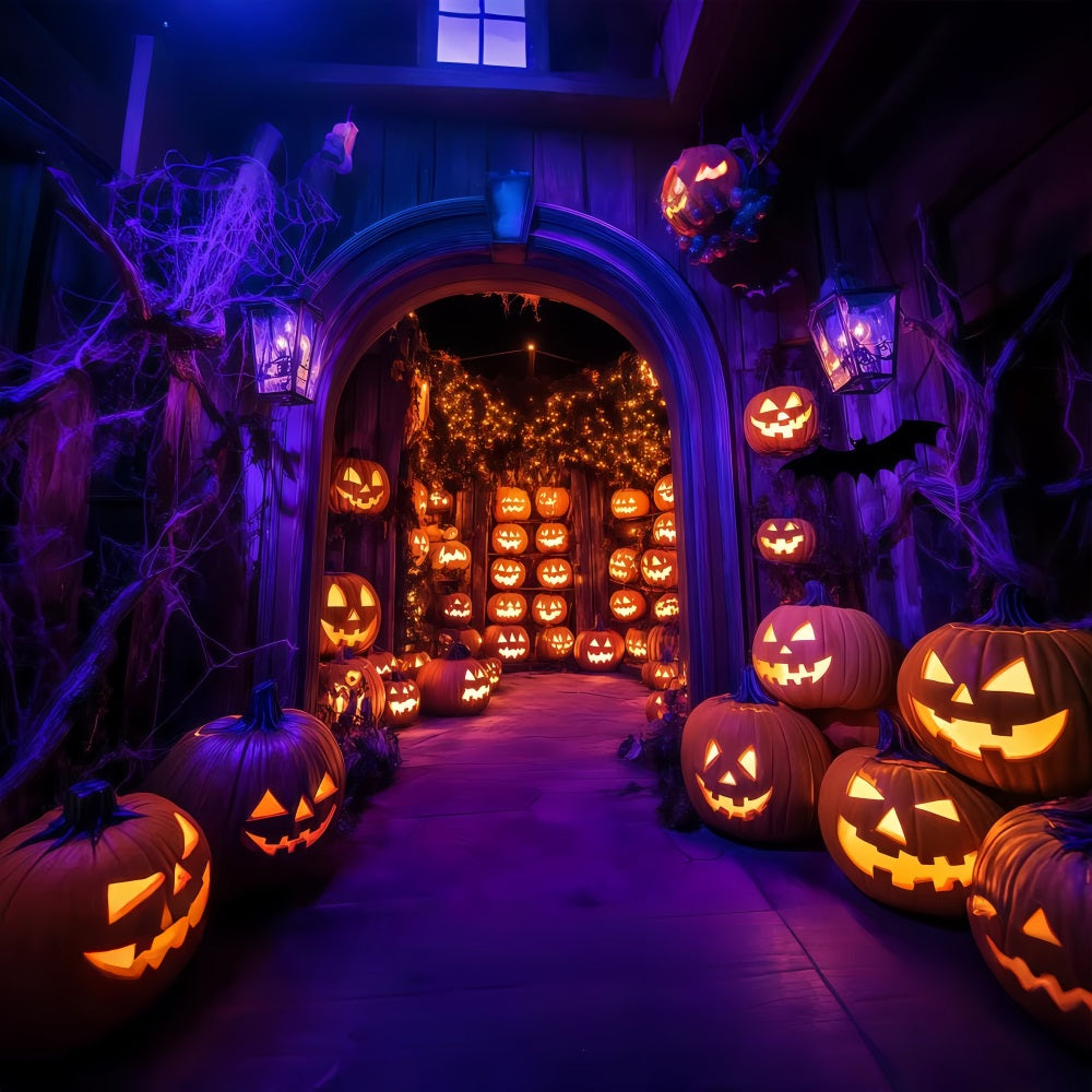Halloween Wall Backdrop Glowing Jack-O’-Lantern Archway with Spider Webs Halloween Backdrop Ideas UK TWW58-21