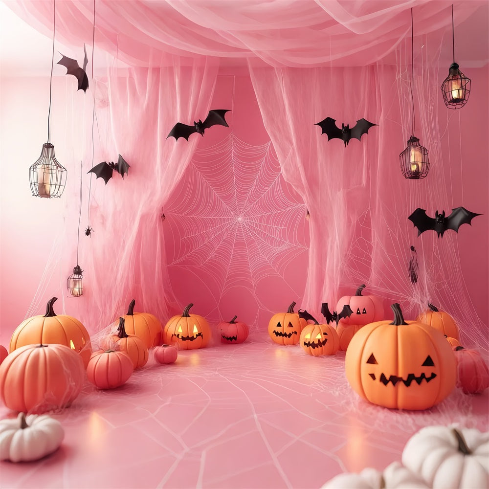 Halloween Pink Spiderweb Drapes with Jack-O’-Lanterns Halloween Backdrops for Photos UK TWW58-27