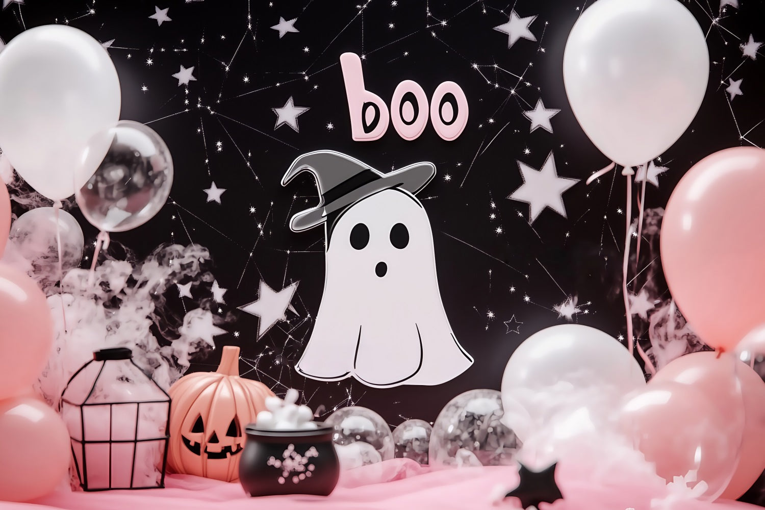 Halloween Wall Backdrop Cute Ghost with Pink Balloon Decor Halloween Backdrop UK TWW58-3