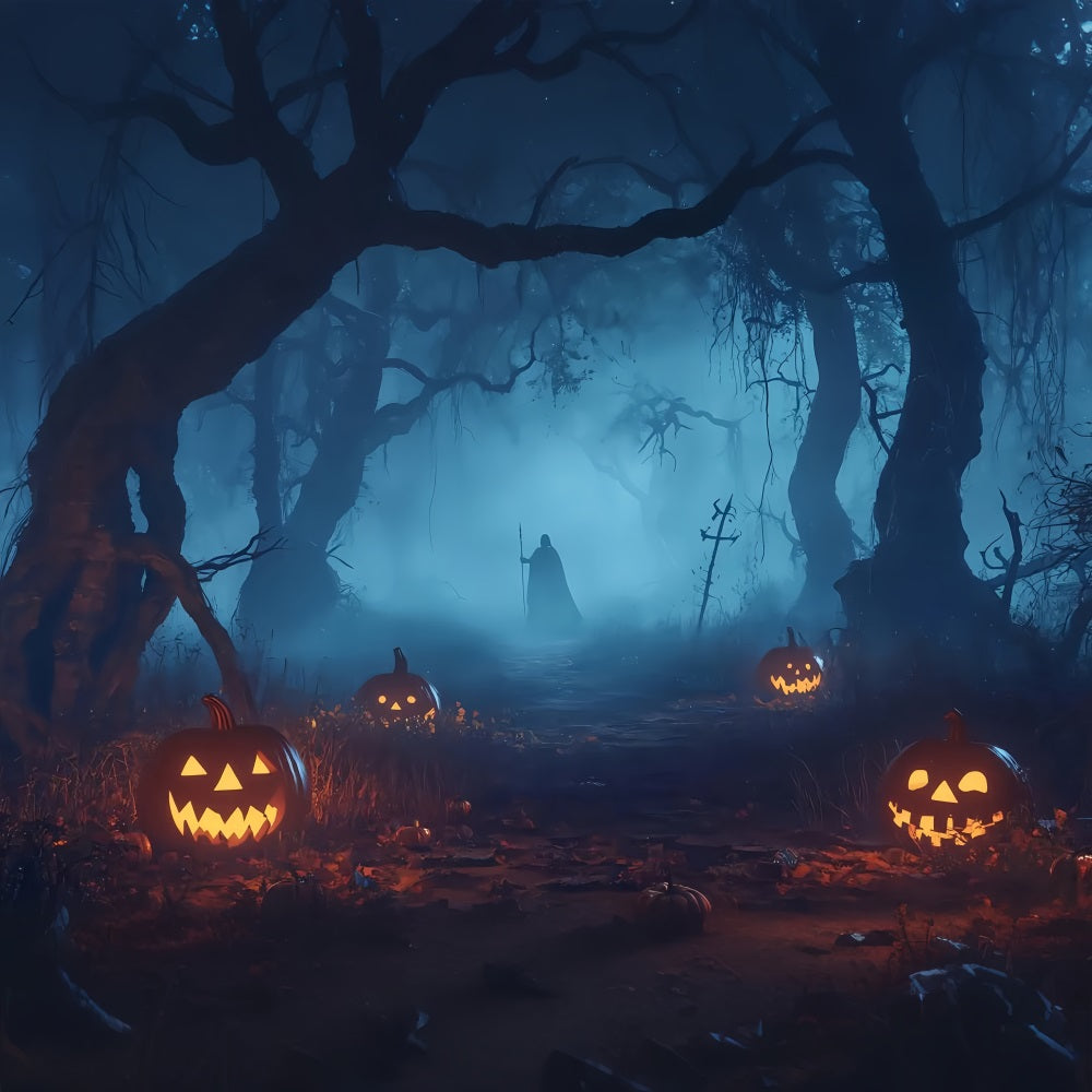 Halloween Graveyard Backdrop Pumpkin-Lit Haunted Forest with Mysterious Figure Halloween Photo Backdrops UK TWW58-32