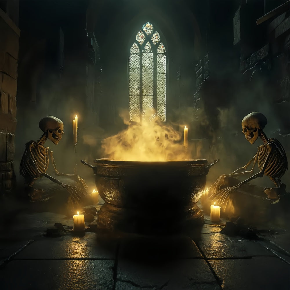 Haunted House Backdrop Skeletons Stirring Bubbling Witch Cauldron Spooky Halloween Backdrop UK TWW58-38