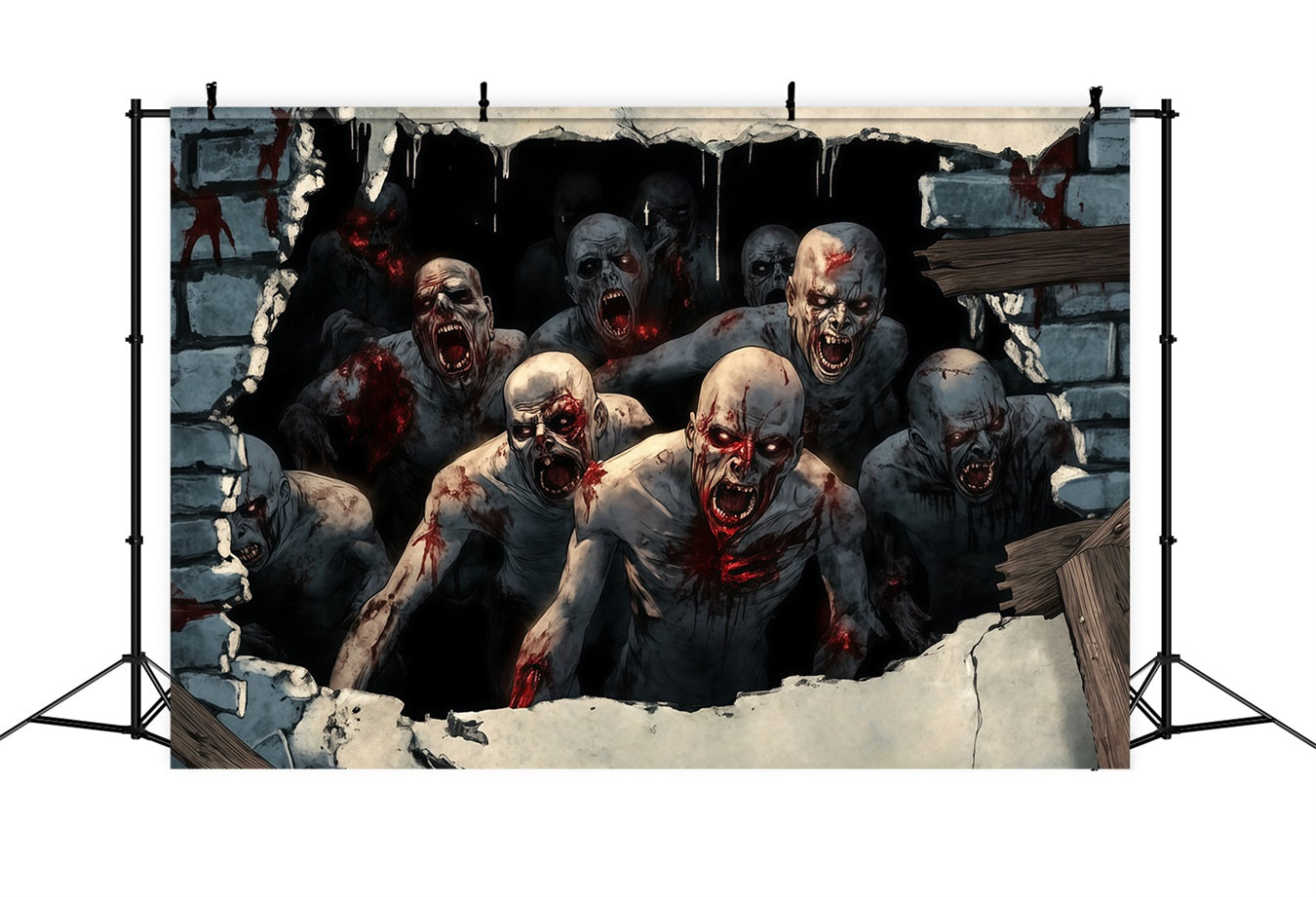 Garage Door Halloween Backdrop Bloodthirsty Zombies Breaking Through Wall Scary Halloween Backdrops UK TWW58-40