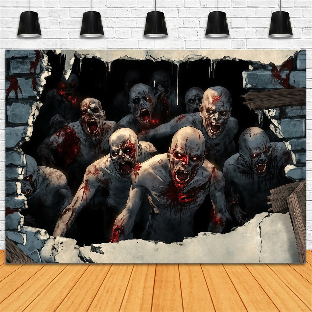 Garage Door Halloween Backdrop Bloodthirsty Zombies Breaking Through Wall Scary Halloween Backdrops UK TWW58-40