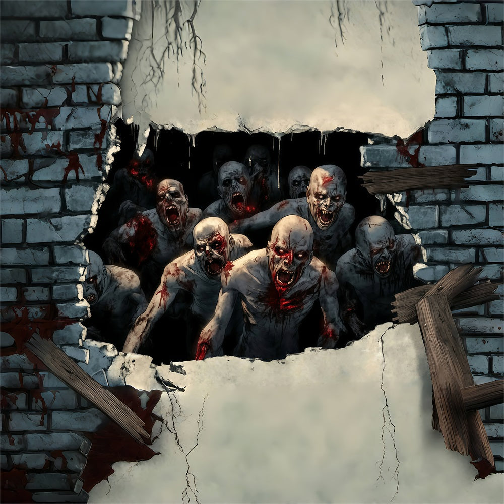 Garage Door Halloween Backdrop Bloodthirsty Zombies Breaking Through Wall Scary Halloween Backdrops UK TWW58-40