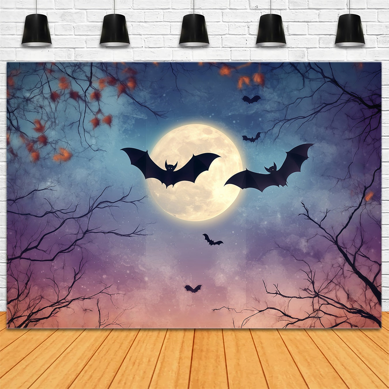Halloween Full Moon Bats and Autumn Branches Halloween Photography Backdrop UK TWW58-41