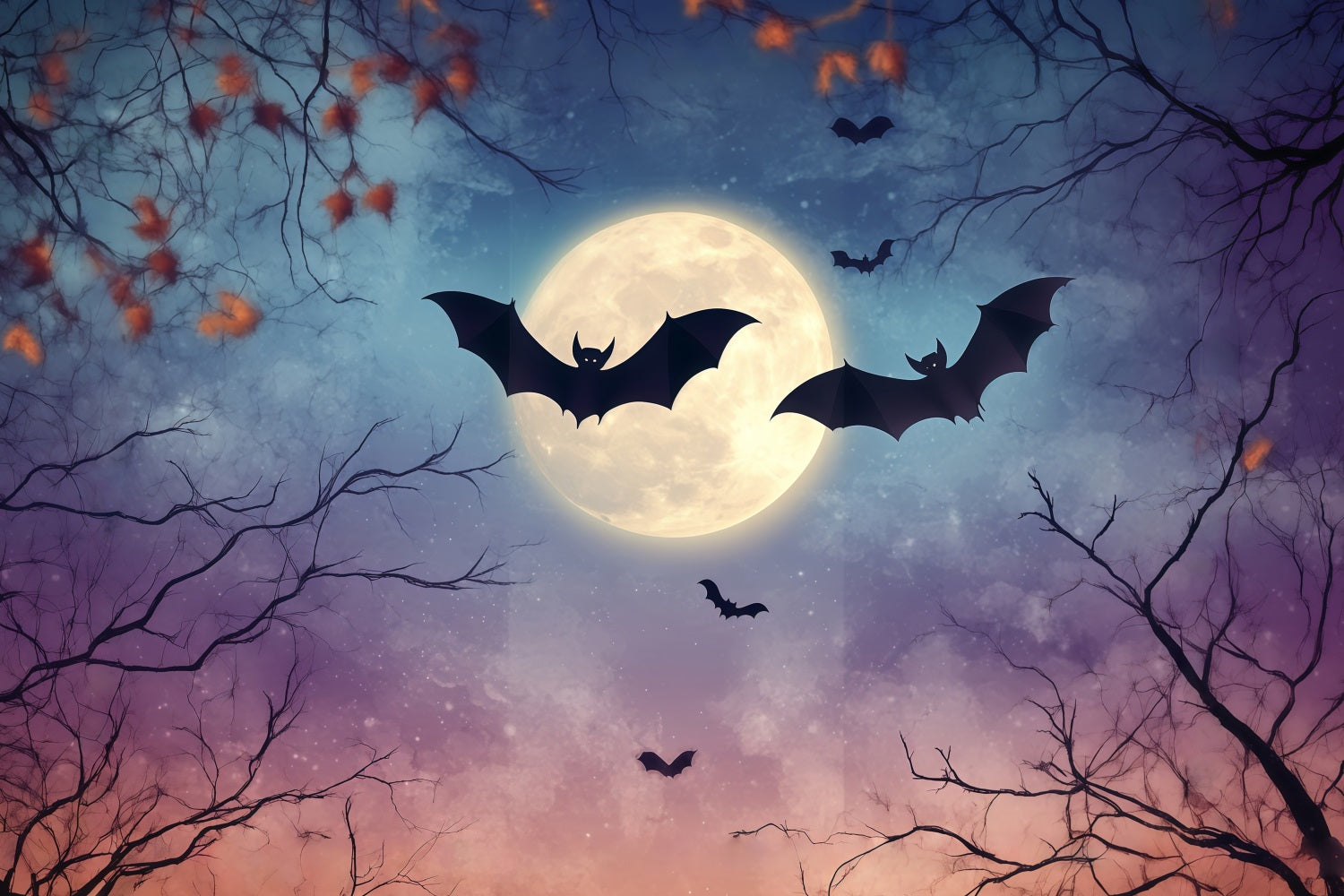 Halloween Full Moon Bats and Autumn Branches Halloween Photography Backdrop UK TWW58-41