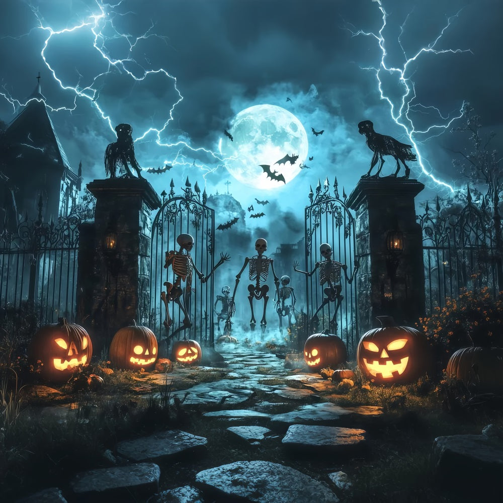 Halloween Skeletons and Pumpkins at Haunted Gates Halloween Photography Backdrop UK TWW58-43