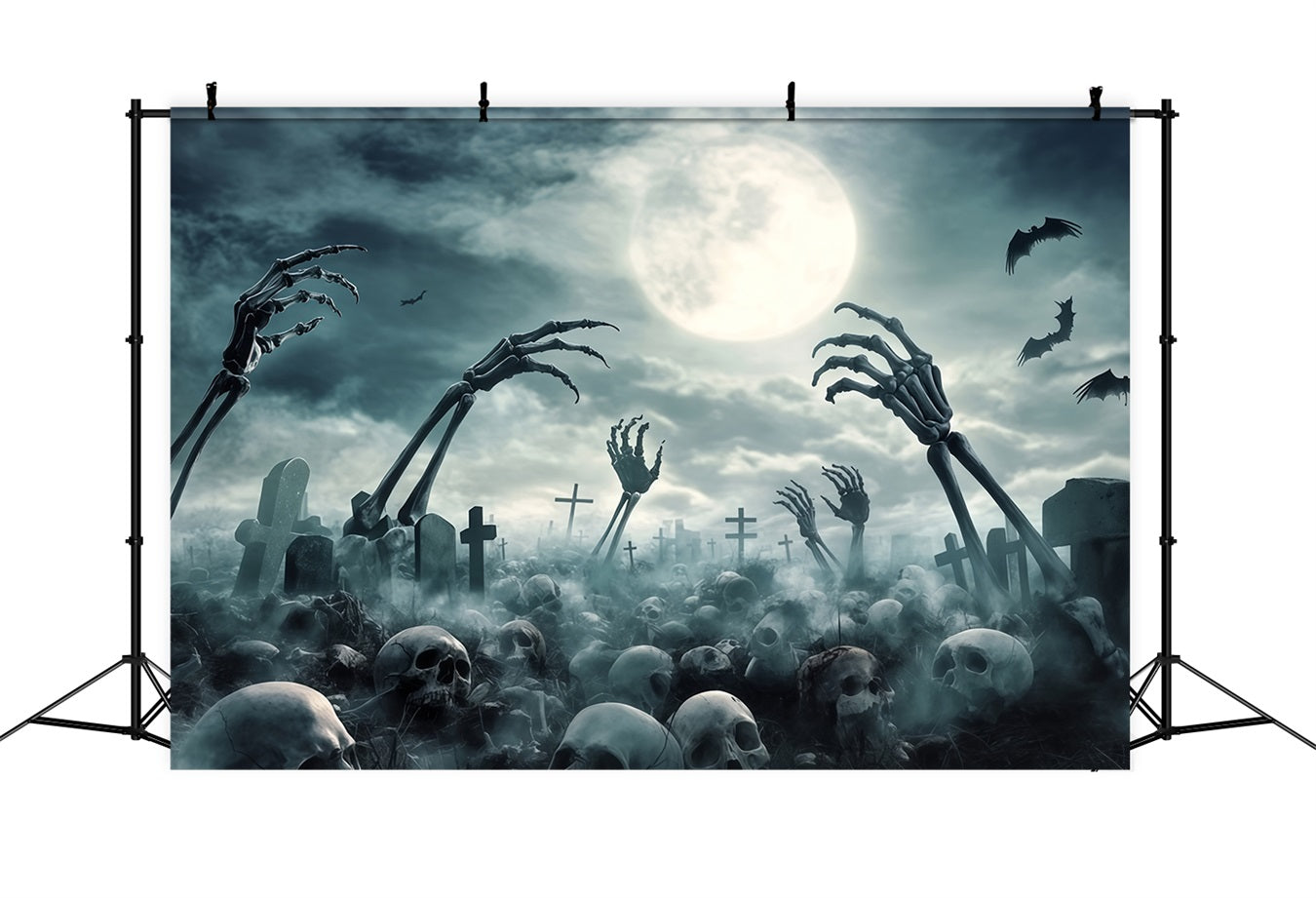 Garage Door Halloween Backdrop Graveyard Skeleton Hands and Full Moon Scary Halloween Backdrops UK TWW58-49