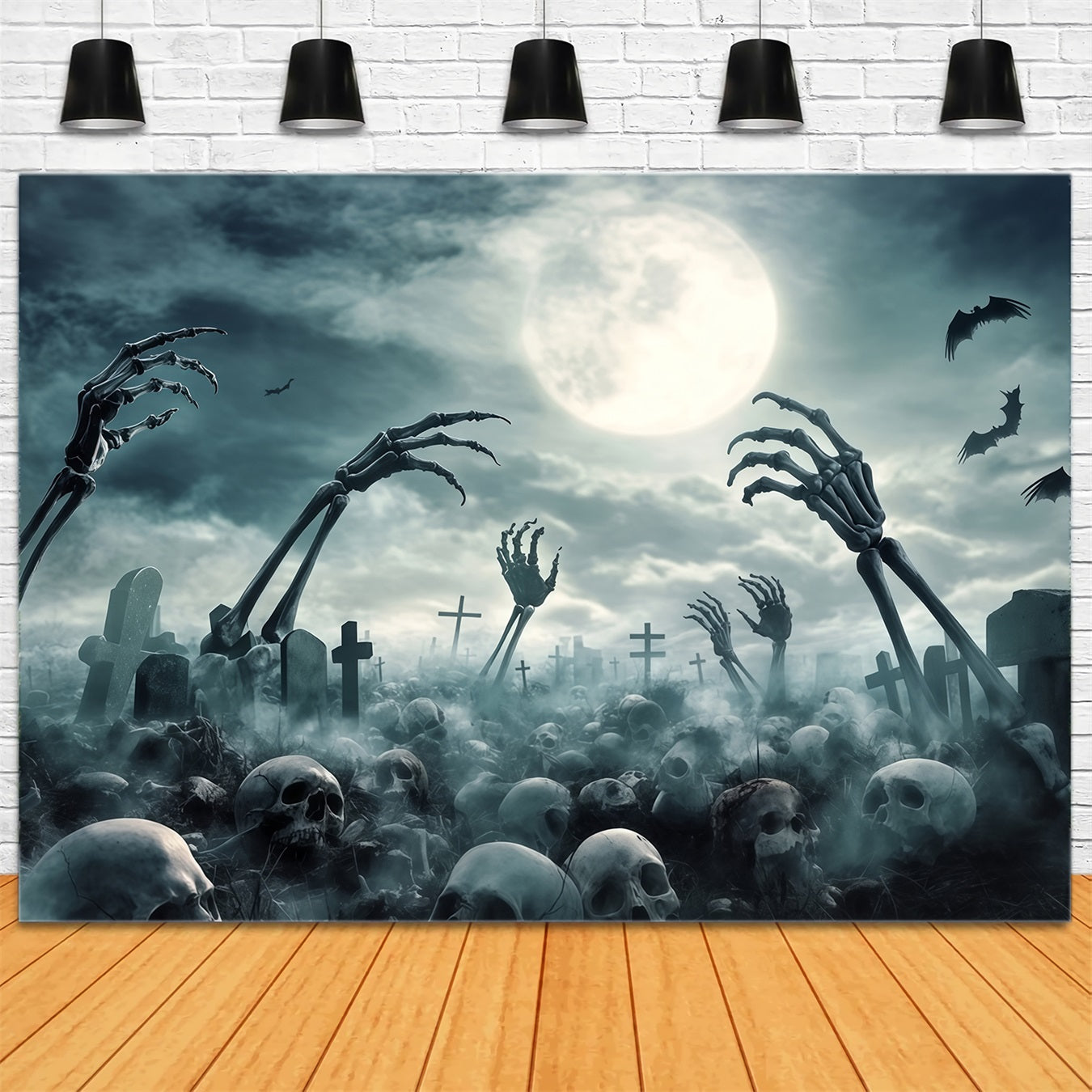 Garage Door Halloween Backdrop Graveyard Skeleton Hands and Full Moon Scary Halloween Backdrops UK TWW58-49