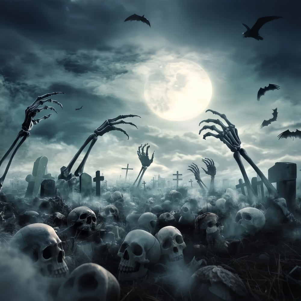 Garage Door Halloween Backdrop Graveyard Skeleton Hands and Full Moon Scary Halloween Backdrops UK TWW58-49