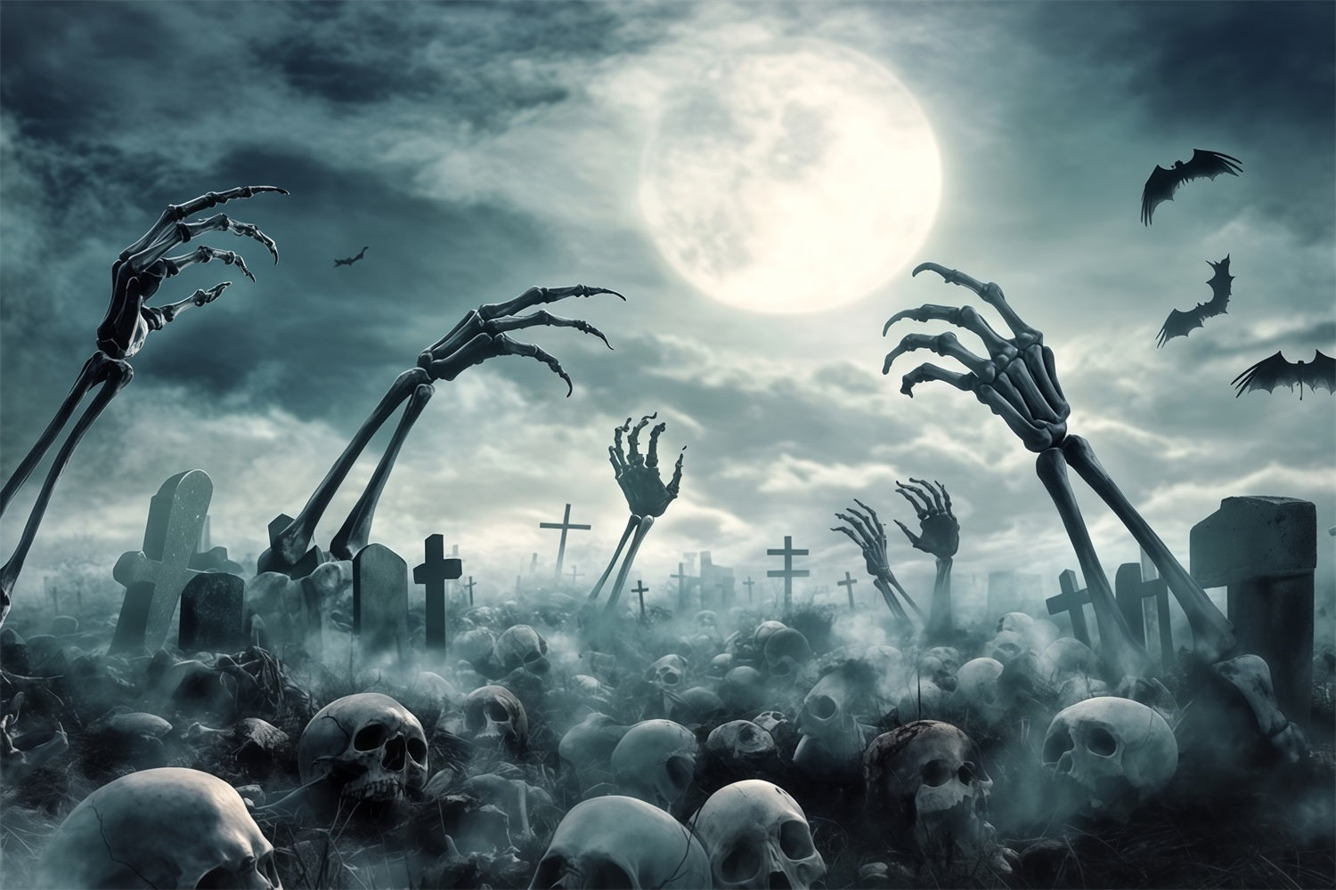 Garage Door Halloween Backdrop Graveyard Skeleton Hands and Full Moon Scary Halloween Backdrops UK TWW58-49